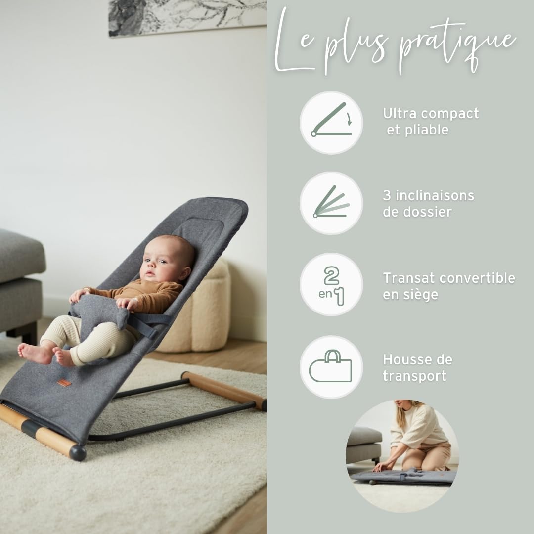 CHILDHOME, Transat Bébé Enfant Pliable, 3 inclinaisons 1 Bouton, Oekotex, Ultra Compact, Fin, Epaisseur 5cm, Confortable, Harnais 3 Points, 0 à 15kg, Unisexe, Housse Transport, Evolux, Anthracite