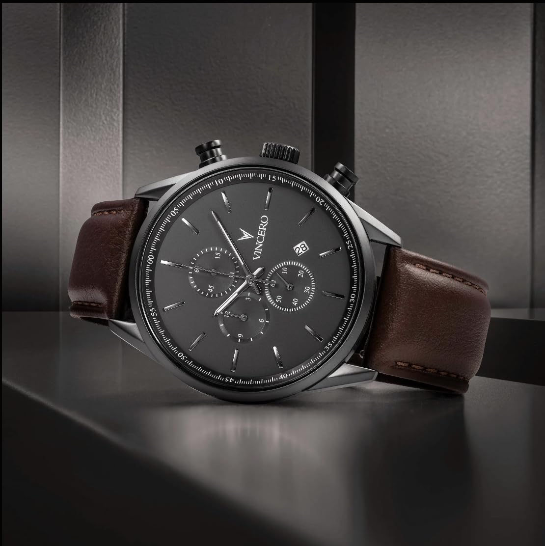 Vincero Luxury Watch for Men - Chrono S - 43mm Stainless Steel, Top-Grain Italian Leather Band, Quartz Movement, Analog Display, Automatic Watch (Gunmetal/Walnut)