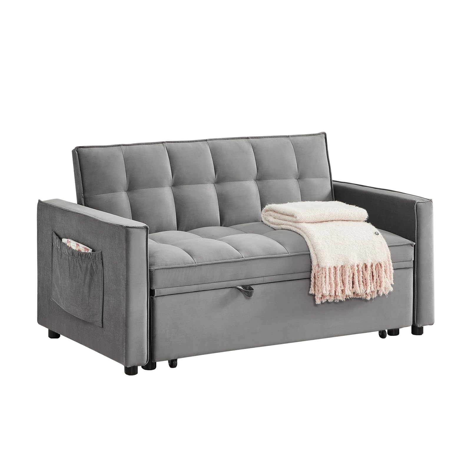 Gexpusm Pull Out Futon Sofa Bed, 55.3'' Convertible Loveseat Sleeper, 3-in-1, Velvet, Grey