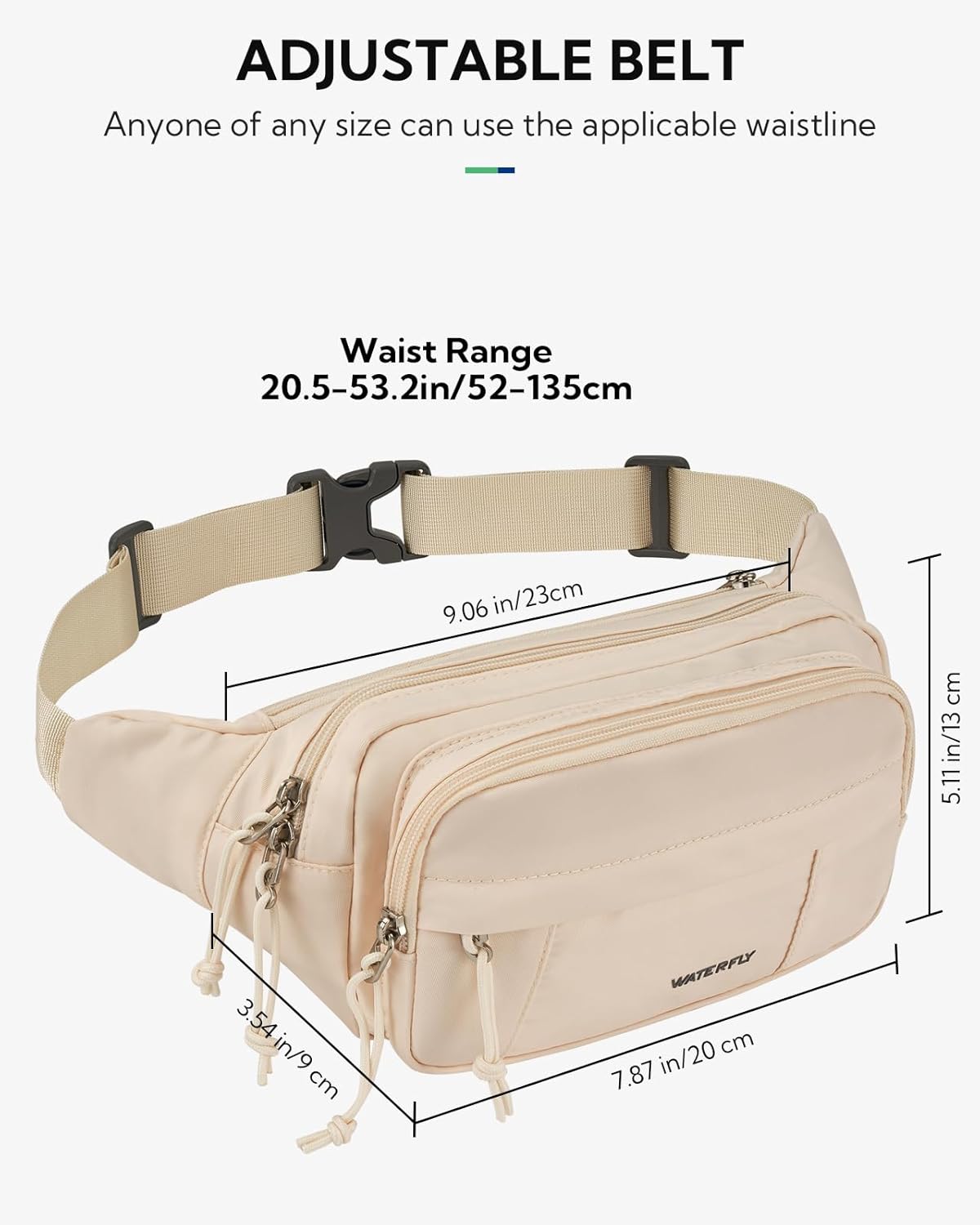 WATERFLY Fanny Pack Waist Packs: Large Crossbody Fanny Packs for Women Men with 5 Zipper Pockets Adjustable Strap Waist Bags Hip Pack for Traveling Cycling Running Hiking-White - Image 2