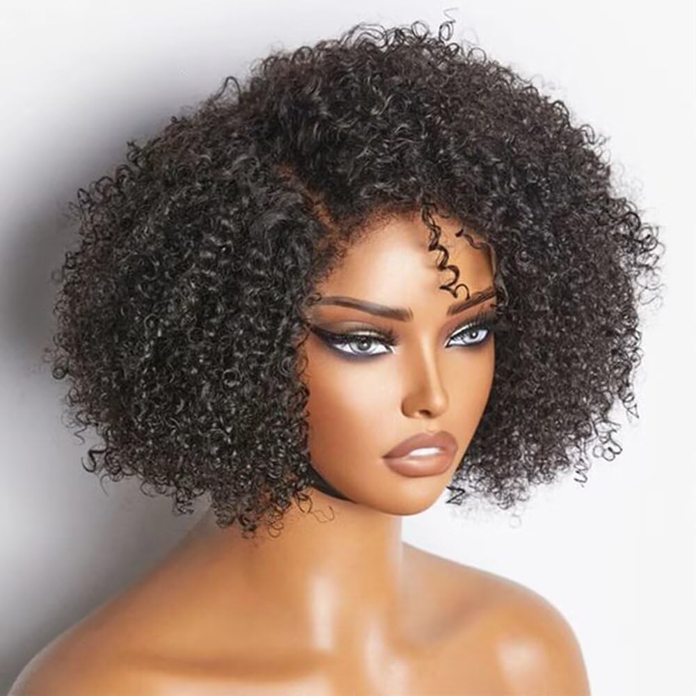 Afro Kinky Curly Short Bob HD Invisible Lace Wig 180 Density Deep Curly Brazilian Human Hair Wig With Kinky 4C Edge Wigs Water Wave Bob Wig 8 inch Glueless with Bleached Knots for Black Women