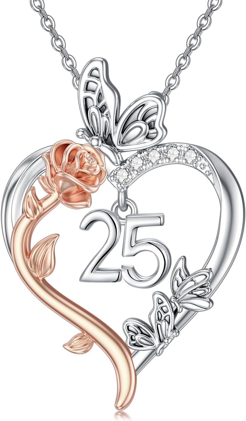 TOUPOP Gifts for Her Rose Heart Necklace 925 Sterling Silver Heart Butterfly Pendant Sweet Year Old Jewelry Anniversary Valentines Day Birthday Gifts Women Girlfriend Wife Mom Grandma
