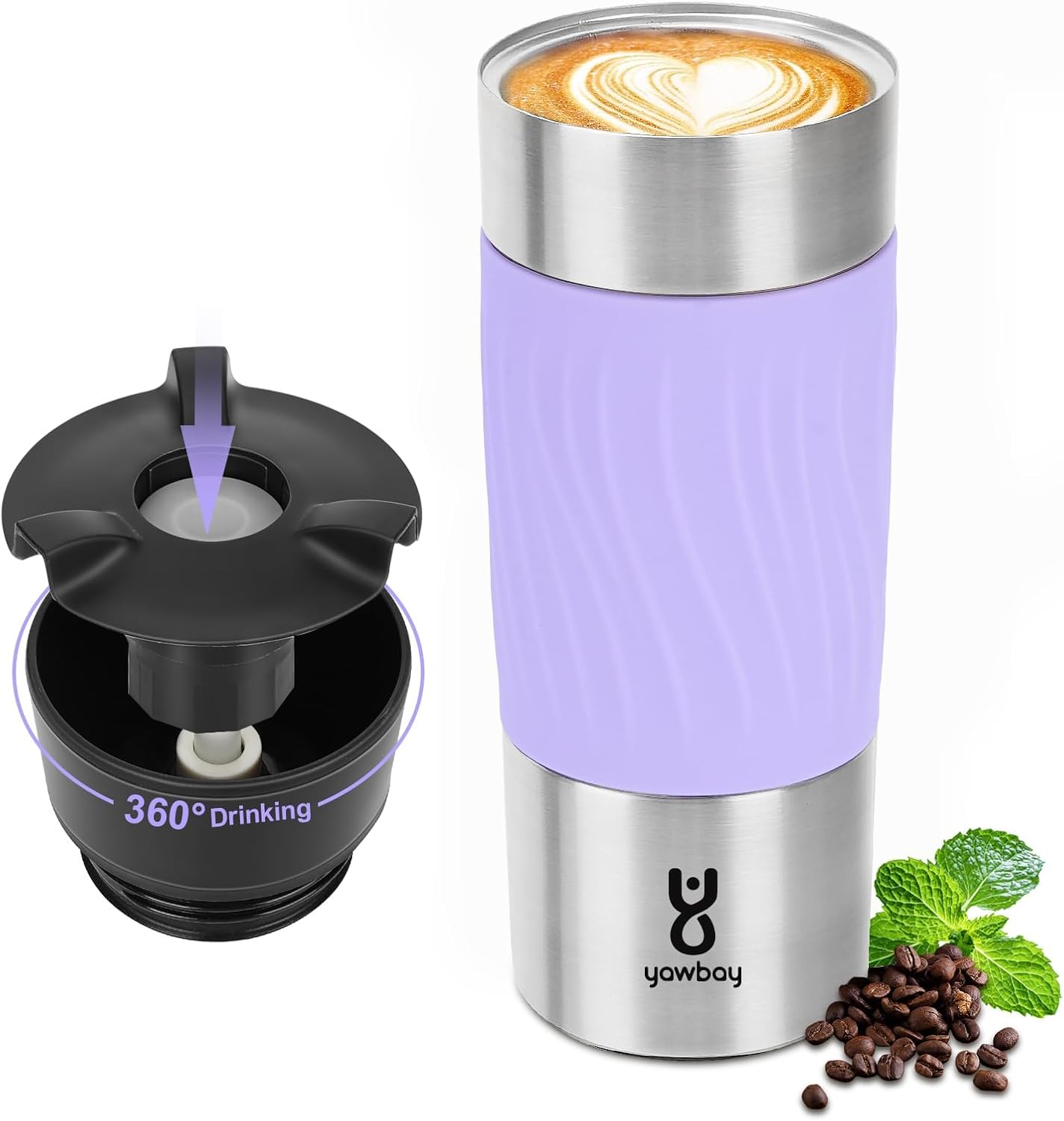 Travel Coffee Mug with 360°Lid, Travel Coffee Tumbler 16 oz Leak Proof, Stainless Steel Insulated Travel Mugs for Hot and Cold Spill Proof Leak Proof(Light Purple)