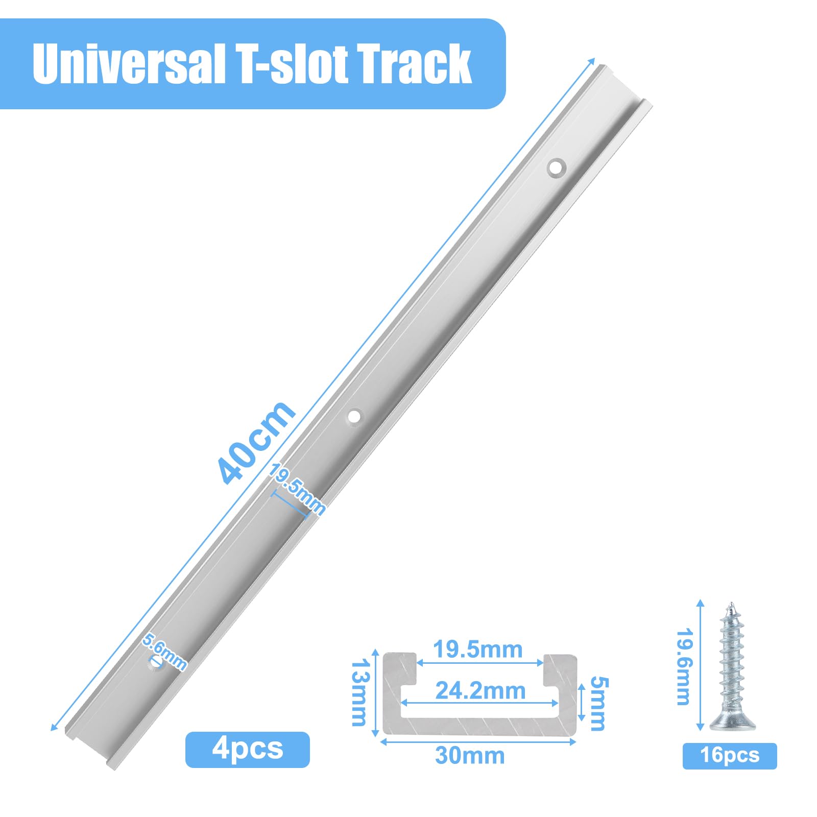 DBREAKS 4pcs T-Track, 400mm T Track Rail en Aluminium, T-Slot pour les Routeurs Fixes de Table de Table du Bois Planches de Plume, avec 6 vis autotaraudeuses(30mm)
