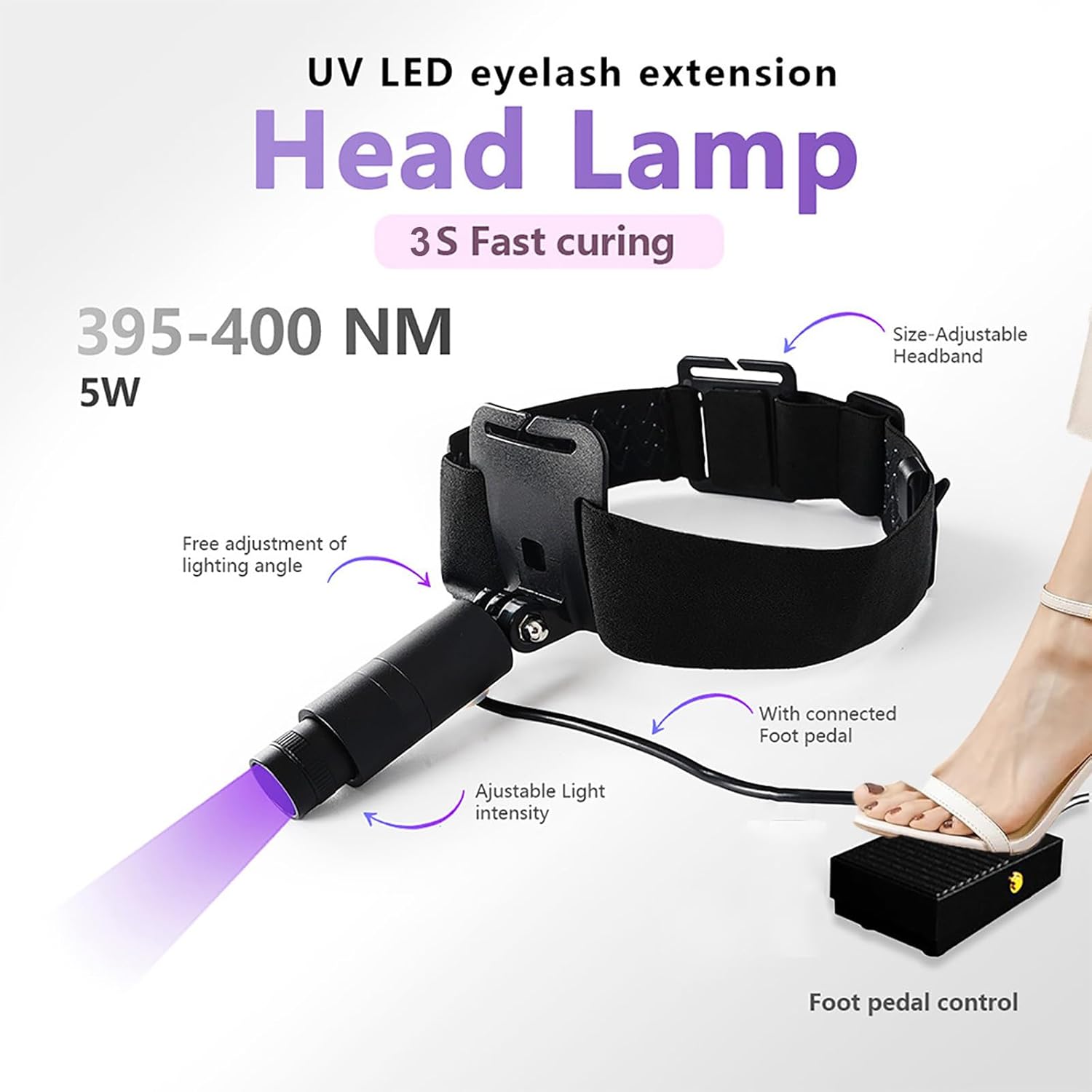 Uv Lash Lamp 5W Portable LED UV Glue Curing Lamp with Foot Pedal 3S Fast Curing Head Uv LED Light for Eyelash Extensions & Gel Nails,UV-Protection Glasses, Eye Patches, Adjustable Spot Size