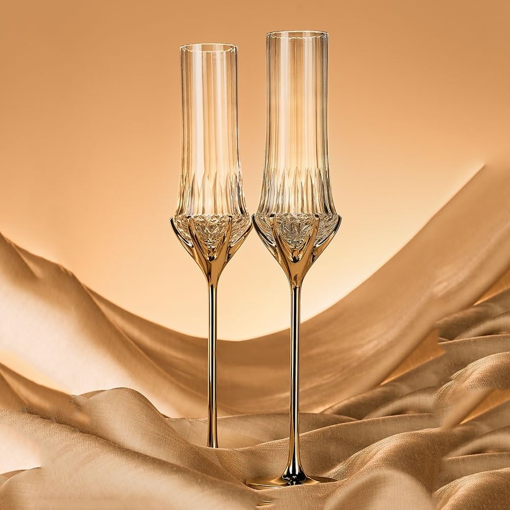Flûtes à champagne Flûtes à champagne à pied doré, 2 flûtes à champagne en cristal d'une capacité de 140 ml for les anniversaires de mariage Verres à champagne