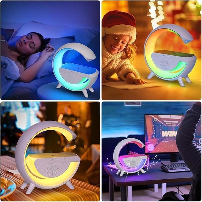 Image of G-Shape LED Wireless Charging Lamp with Bluetooth Speaker | 4 in 1 Multifunctional, RGB Atmosphere Light, Digital Alarm Clock, Dual Alarm Settings, Bedside Night Lamp