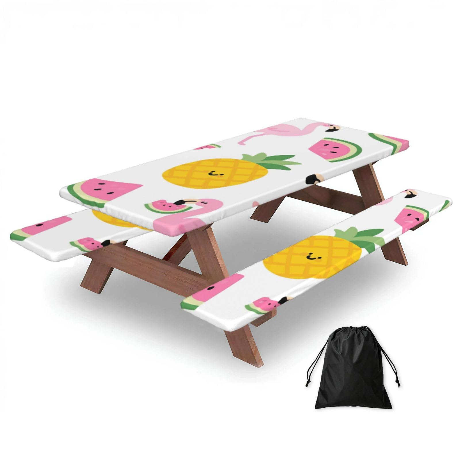 FekiLoot Flamingo Watermelon Pineapple Picnic Table Cover with Bench Covers and Bag, Windproof Waterproof Rectangle Tablecloth with Elastic Edges Fitted Camping Table Covers for Picnic Party Travel