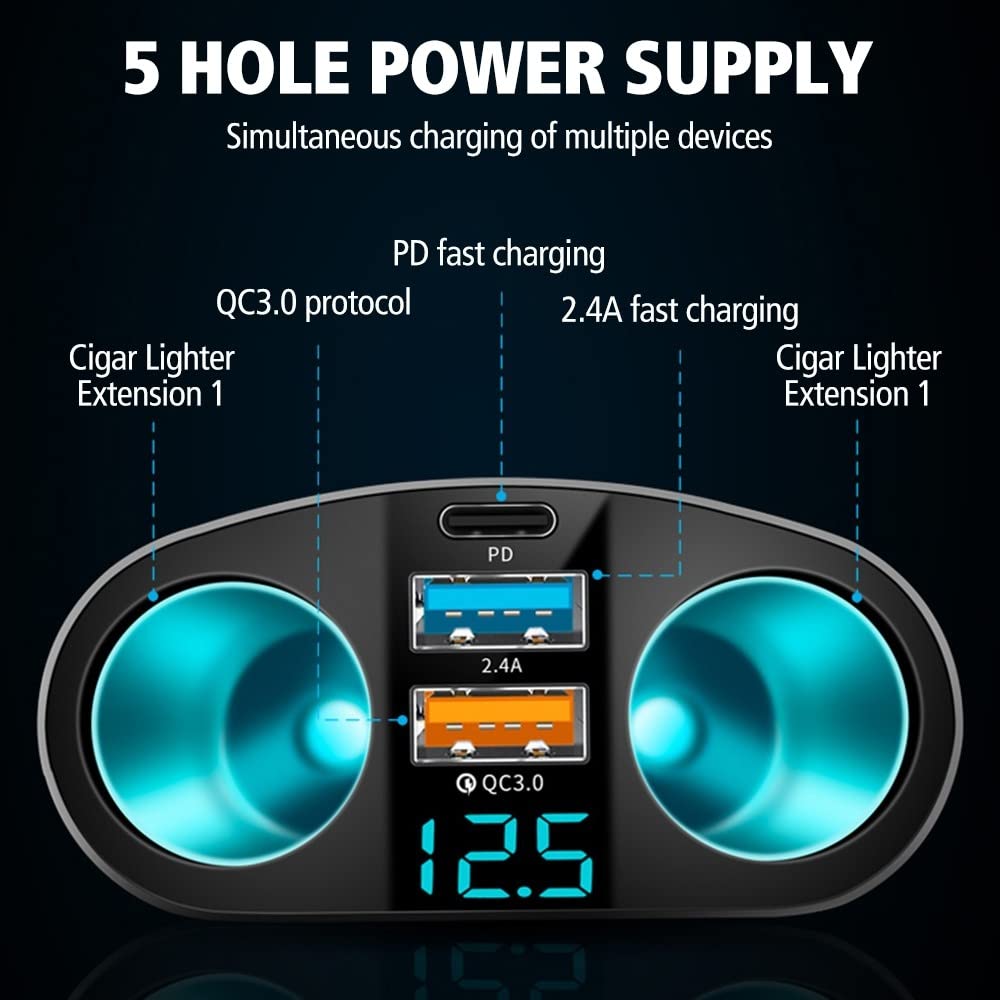 DONGKER Sdoppiatore Accendisigari Auto – 2 Prese 12V/24V, 2 USB (QC3.0) E 1 Porta PD 20W Con Display Tensione