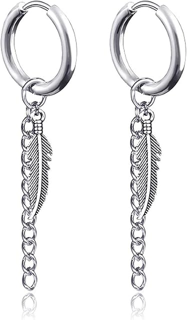 JZZJ Feather Punk Hoop Earrings Stainless Steel Leaf Huggie Stud Earrings Hinged Unisex Piercing Jewelry 1 PAIR,Long Chain Dangle EarringsFeather Silver 1 Pair