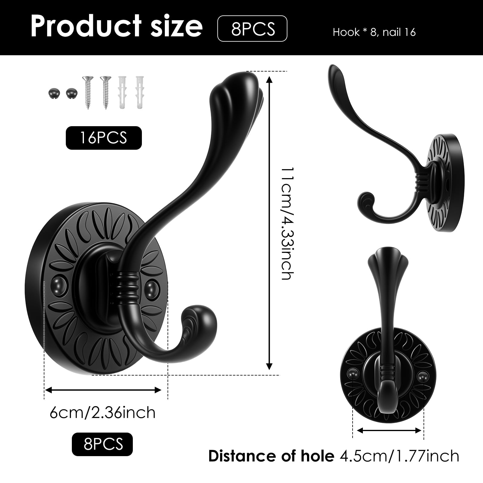 Ganchos de Pared, Ganchos for Abrigos Negros de Alta Resistencia, Perchas Doble Punta montadas en la Pared for Ropa, Toallas, Mochilas, 8 Uds
