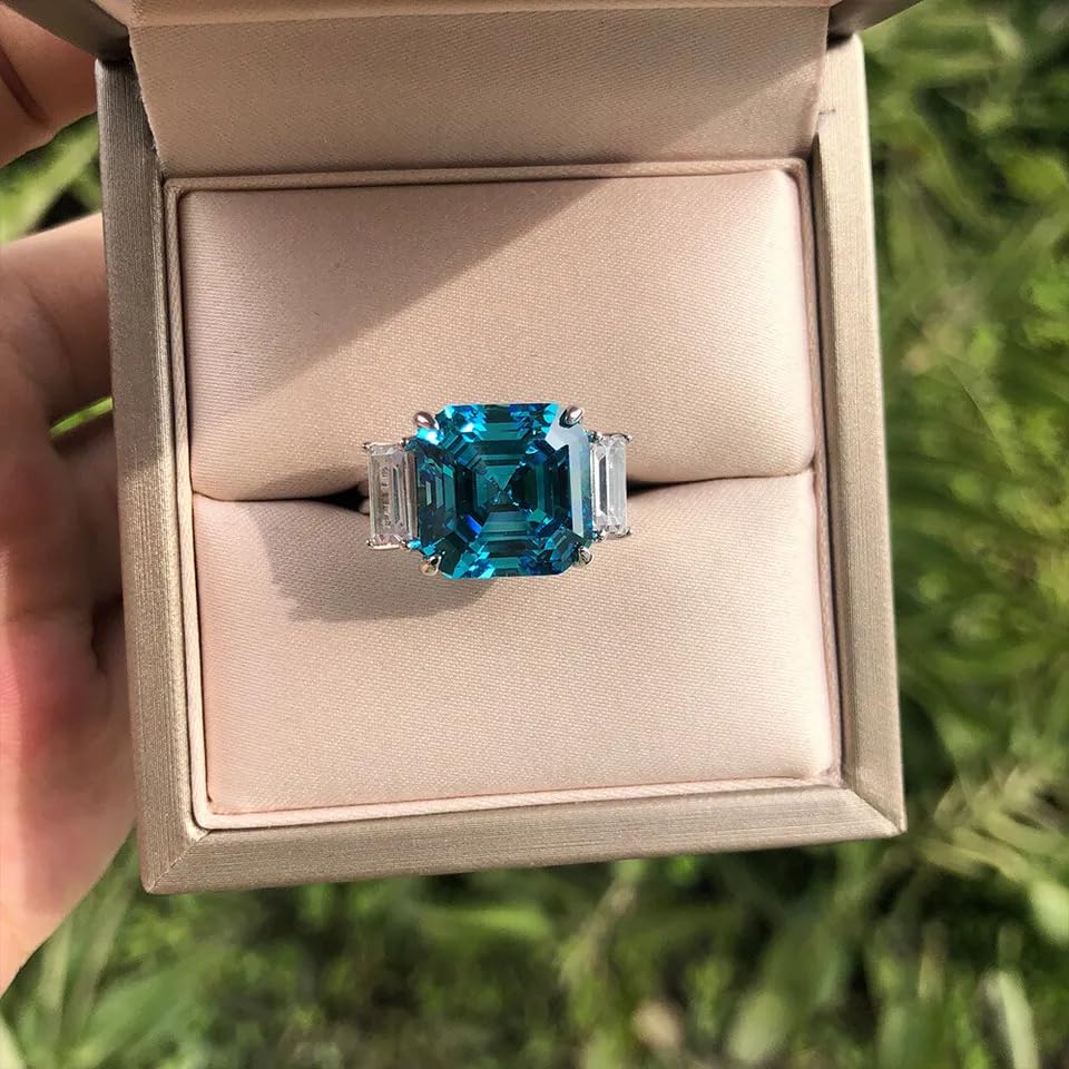 rkjewellry_store || 14k White Gold Finish 925 Sterling Silver 3 Ct Asscher Cut Blue Topaz & Diamond Three Stone Engagement Ring Women's4