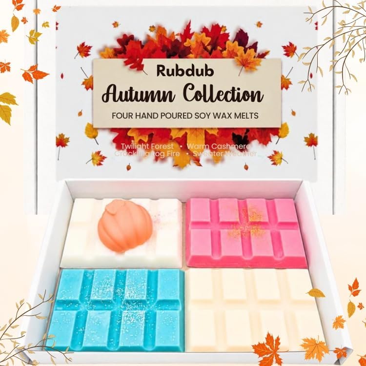 Rubdub Soy Wax Melts Set - 4 X 30G Wax Melt Snap Bars - Handmade - Long lasting wax melts - 100 Hours + Burn Time - Highly Scented - Wax melts gift set, Wax melts strong scented (Autumnal Collection)