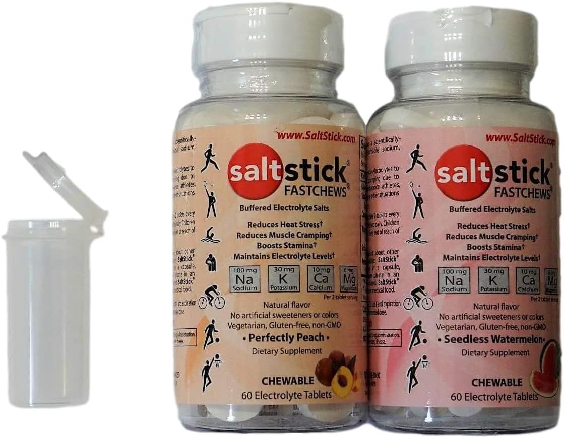SaltStick FASTCHEWS® Variety 2-Pack - 60 Count Bottles of Peach & Watermelon with Race Ready Tube and Fridge Magnet