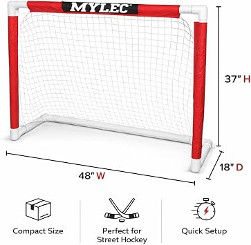 Mylec Junior Hockey PVC Goal (48 x 37), Easy Assembly, Lightweight & Durable, Sleeve Netting System, (White & Red, 6 Pounds)