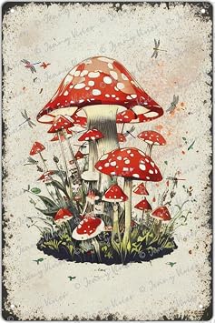 Zomyto Vintage Mushroom Metal Sign, Retro Mushroom Wall Decor for Kitchen, Bedroom, Bathroom, Yard, Garden, Store, Flower Shop, Cafes, Bar, Club, Poster, Hippie Decor - 12x8 Inch