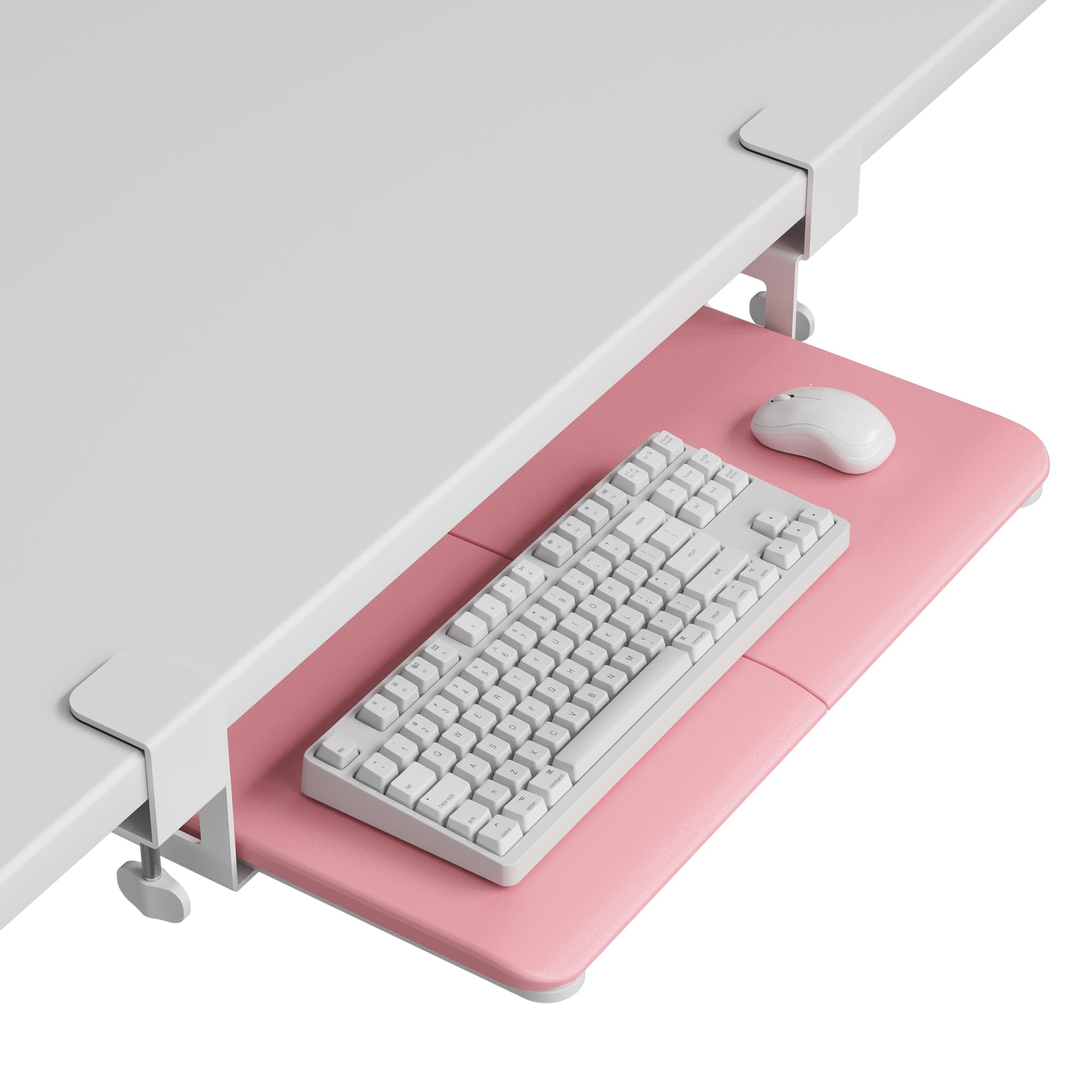 BONTEC KMT01-PJ Under Desk Keyboard Tray, Pull-Out Keyboard & Mouse Platform with C-Clamp, 20 x 11.8 in Space-Saving Ergonomic Slide-Out Drawer, Pink