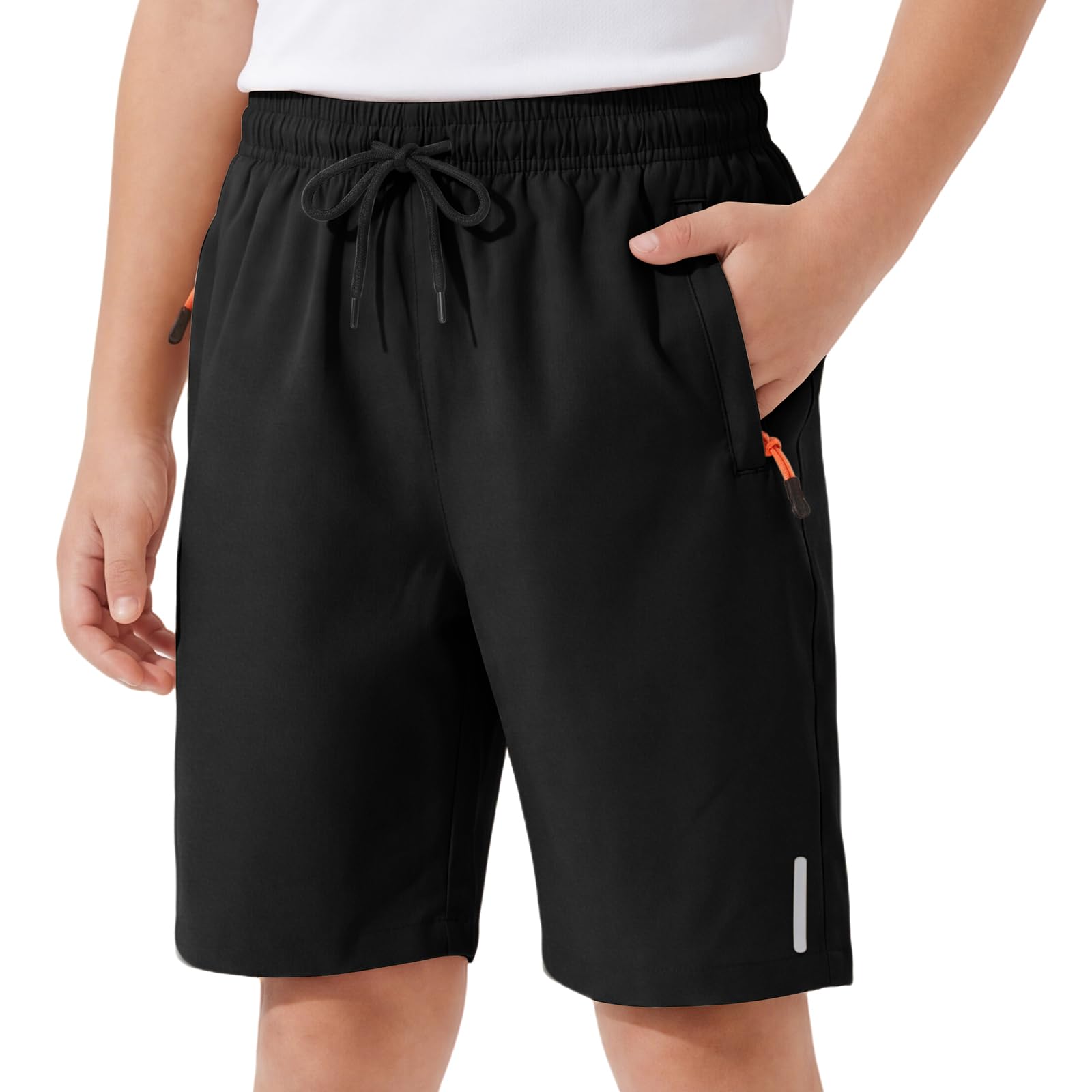 Shorts Niños, Secado Rápido Pantalones Cortos de Deporte con Tiras Reflectantes, Transpirable Pantalón Cortos con Bolsillos y Cremallera Escuela Fútbol para Infantil 6-13 Años