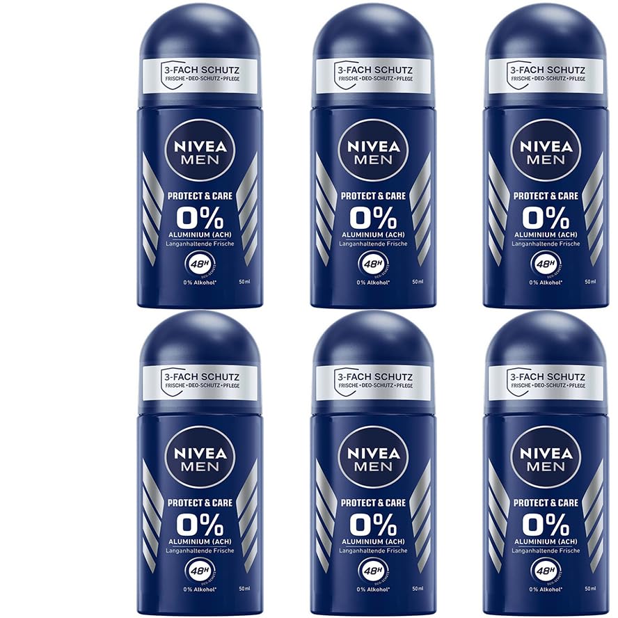 NIVEA Déodorants Roll-on Anti-transpirants 0% Alcool et Aluminium (ACH) 48h pour Homme 50ml Lot de 6