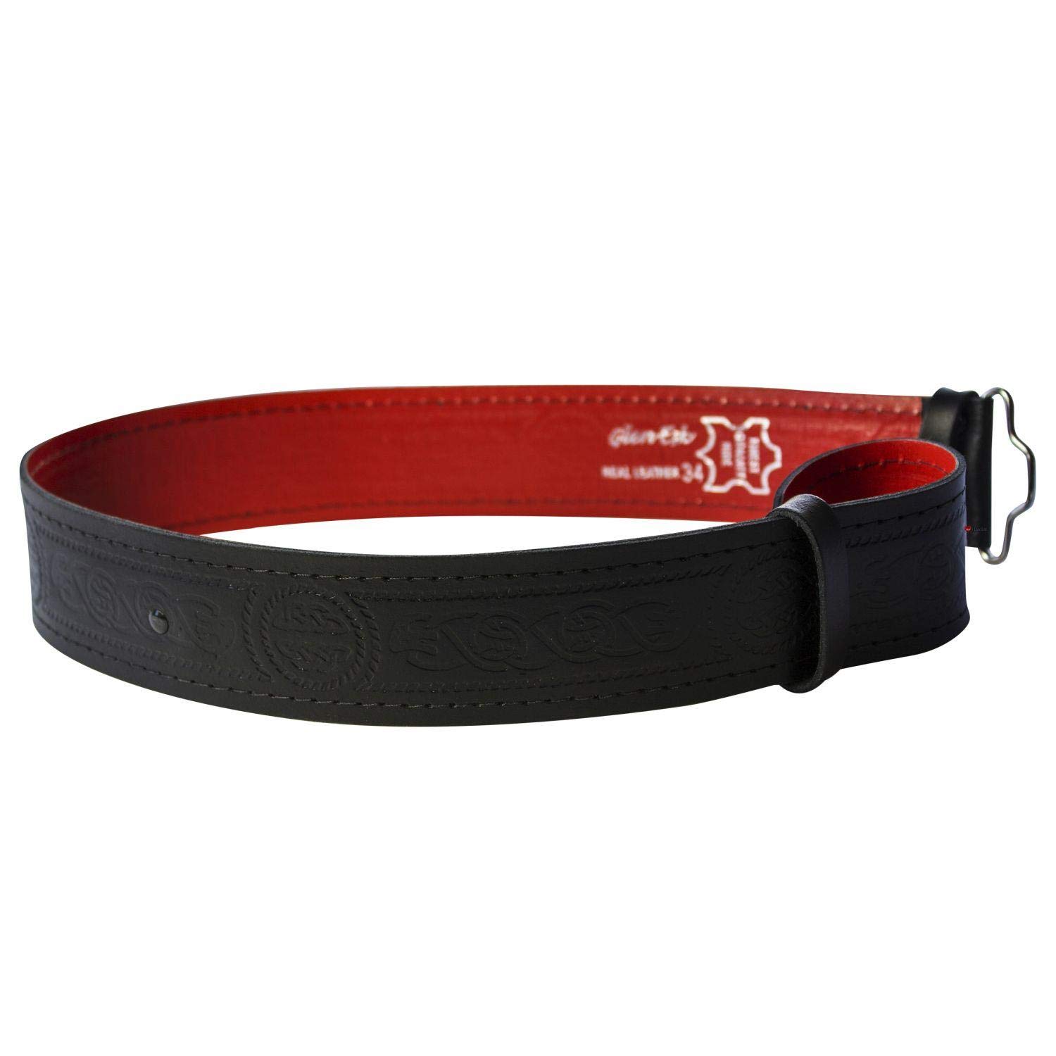 Leather Kilt Belt Celtic Serpent Red Lined Buckle Fastening Scottish Made, Size 32