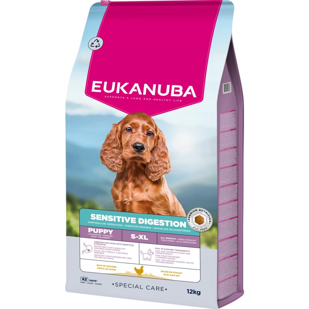 Eukanuba Sensitive Digestion karma dla szczeniaków z kurczakiem i lekkostrawnym ryżem – przyjazna dla żołądka sucha karma dla psów juniorów z wrażliwym trawieniem, 12 kg