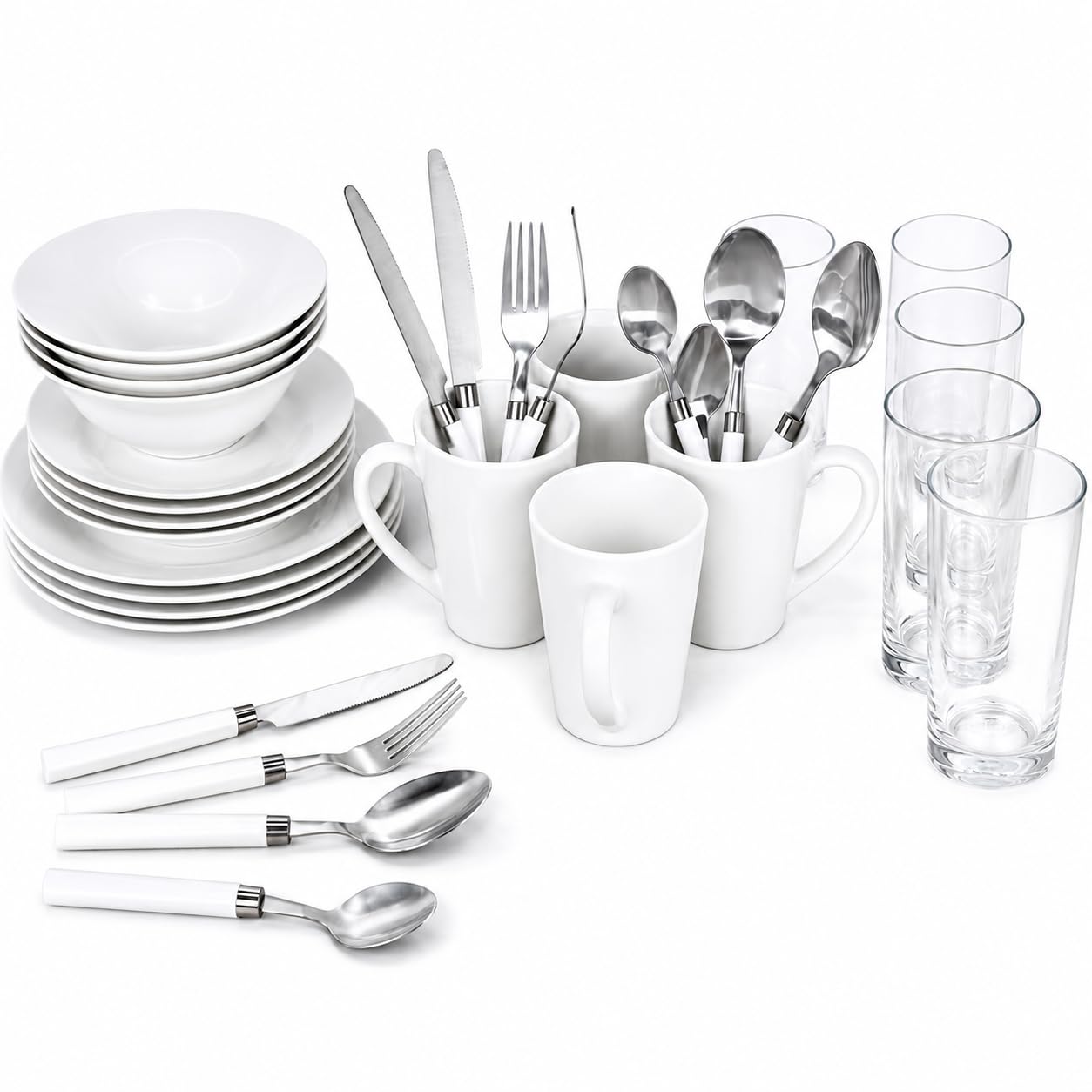 36 Piece White Porcelain Dinner Set for 4 | Includes Dinner Plates, Side Plates, Bowls, Mugs, Glass Tumblers & Stainless Steel Cutlery | Dishwasher & Microwave Safe