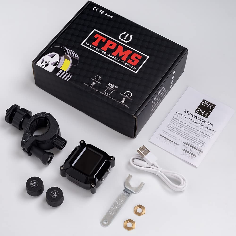 Motorcycle TPMS Système de surveillance de la pression des pneus, TPMS rechargeable par USB pour moto avec 2 capteurs externes Écran LCD numérique 1,5", TPMS pour moto à deux roues