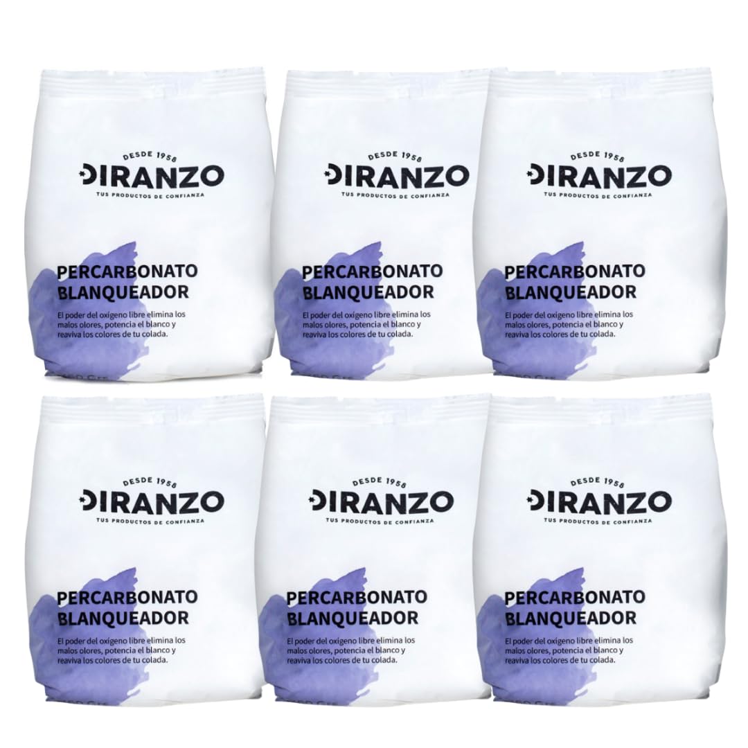 Percarbonato Blanqueador Diranzo Pack 6 unidades 750g x 6. Total 4,5 Kg, Quitamanchas, Blanqueante, Elimina Olores y Grasa. Apto Ropa blanca y Color. Elimina manchas difíciles