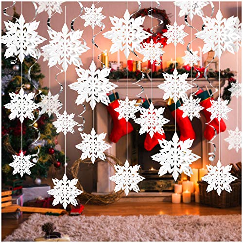 Winter Christmas Hanging Snowflake Decorations, Wonderland Birthday Decorations 12PCS 3D Glittery Snowflake & 6PCS Hanging Swirls, Christmas Hanging White Party Decor Supplies Wall Cutouts
