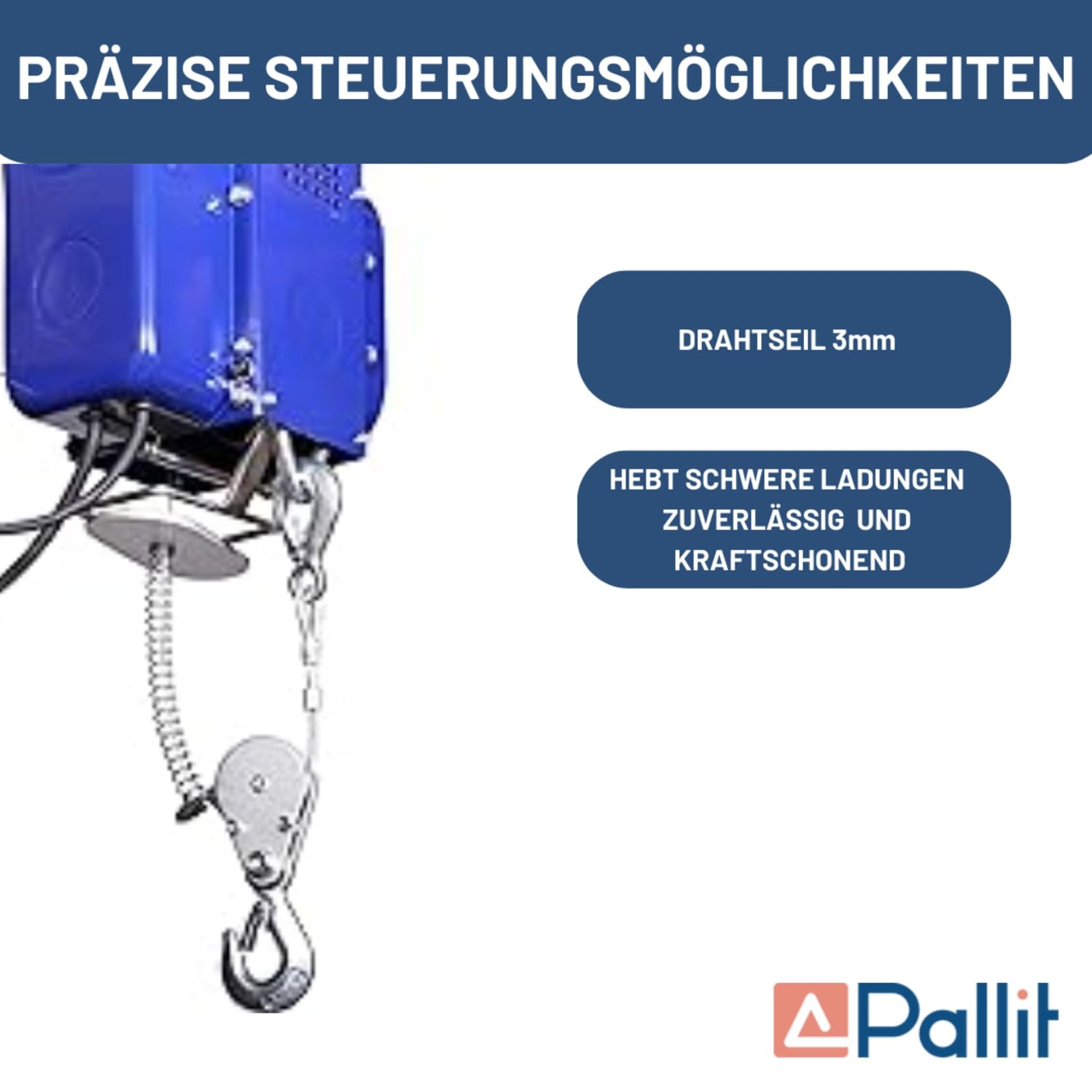 Pallit Argano elettrico mobile | 100/200 kg | cavo dacciaio 12 m | incl. telecomando con cavo lungo 1,5 m di lunghezza