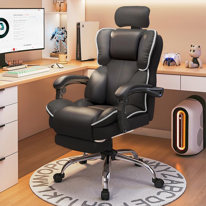 Ergonomic Office Chair High Back Cushion Lumbar Back Support Computer Chairs with Footrest and Lumbar Support PU Leather Office Reclining Chair Gameing Chair Desk Chair,Black