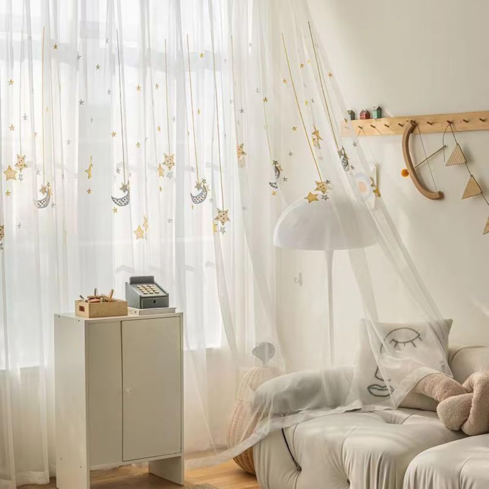 Weiß Vorhang Kinderzimmer Transparent Mädchen Jungen Sterne Mond Gardinen Durchsichtig Kinder Ösenschal für Mädchenzimmer Kinderzimmer Babyzimmer 150x225