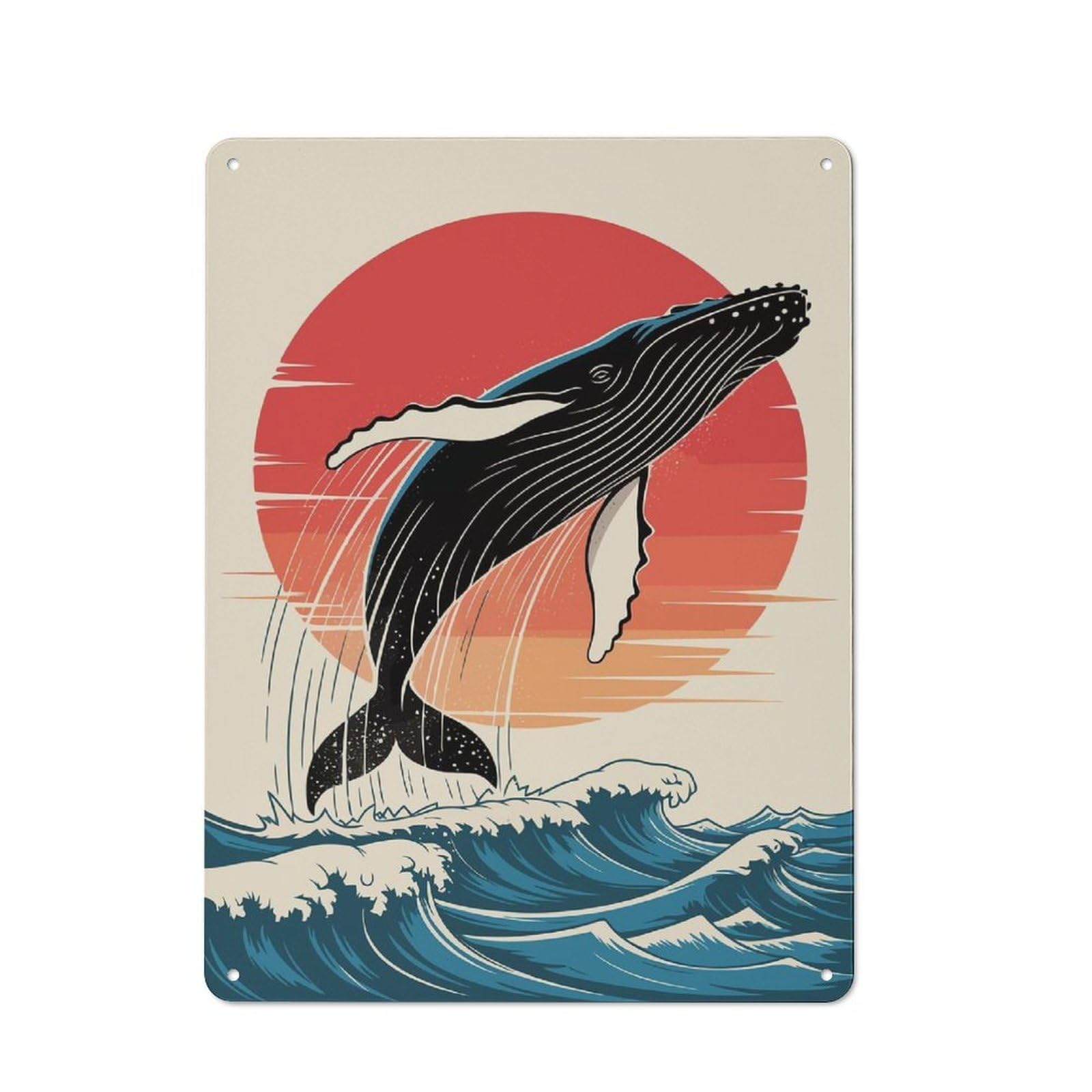 Metal Wall Sign 40x30cm Featuring Humpback Whale Breaching at Sunset for Café Or Restaurant, for An Autumn Wall Display in Café And Restaurant