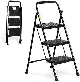 Step Ladder 3 Step Folding with Handgrip, 500Lbs Steel Step Stool, Folding Ladder with Anti-Slip Wide Pedals, Portable Kitchen/Closet Small Step Ladder, Multi-use Step Stool Black by Double Elite