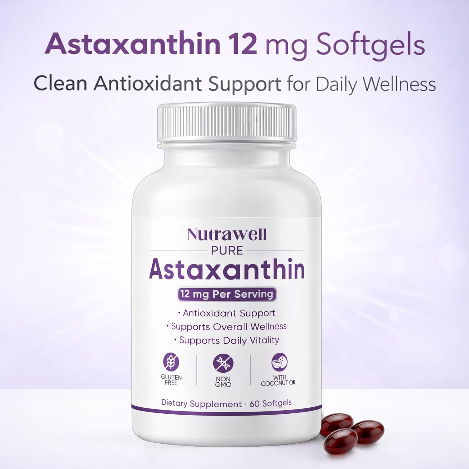NutraWell Astaxanthin 12mg, with Coconut Oil, Antioxidant Support Supplement, Non-GMO, Gluten Free, 60 Softgels