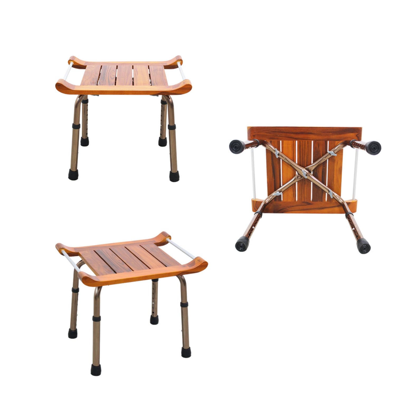 Taburete de Ducha de Teca con Reposabrazos, Regulable Asiento de Ducha de Aluminio, Antideslizante hasta 136kg, para Ancianos, Personas con Movilidad Reducida, Mujeres Embarazadas, Baño