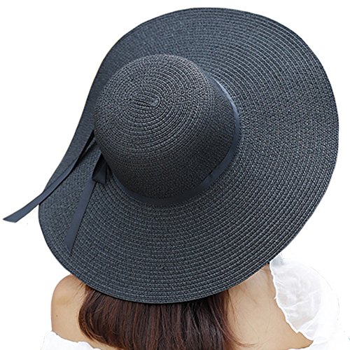 Itopfox Chapéu de sol feminino de aba grande, flexível, dobrável, com laço, chapéu de palha de verão