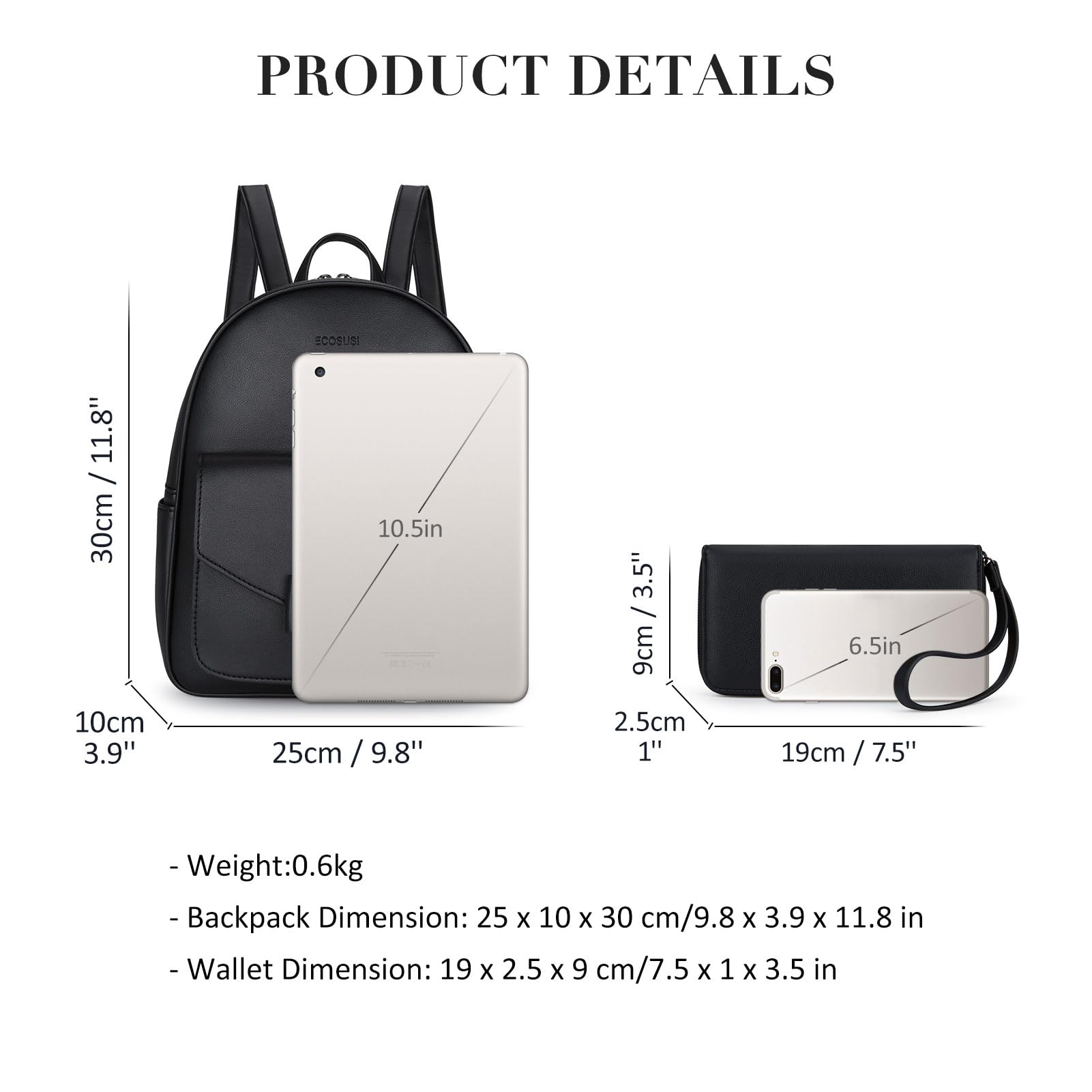 ECOSUSI Women Backpack Purse Water Resistant PU Leather Backpack Fashion Rucksack Ladies College Daypack with Tassel,2 Pcs