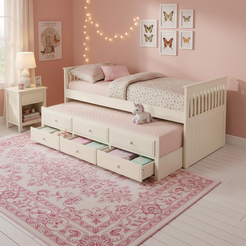 APRODZ Mango Wood Oyster Daybed with Trundle Bed with Drawer Storage for Home Bedroom (White Finish)-image-49