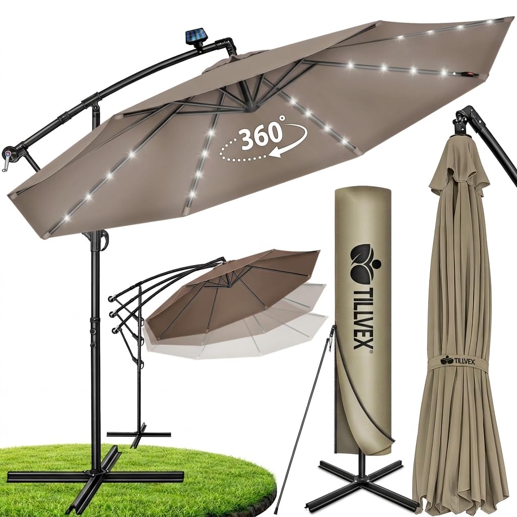 tillvex® Sonnenschirm Solar Ø 300/350 cm + Abdeckung & LED Beleuchtung | Ampelschirm mit Kurbel & Ständer | Gartenschirm Aluminium UV50+ | Alu Kurbelschirm Sonnenschutz Terrasse Garten wasserdicht