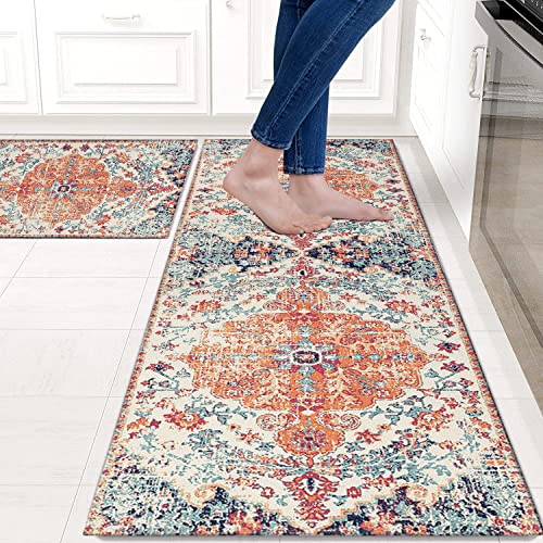 Boho Style Kitchen Rugs And Mats Set Of 2,Farmhouse Kitchen Mats For Sink,Non Slip Absorbent Stain Resistant Kitchen Laundry Area Rugs Runner 17 X48/17X30 Inch #TOP2
