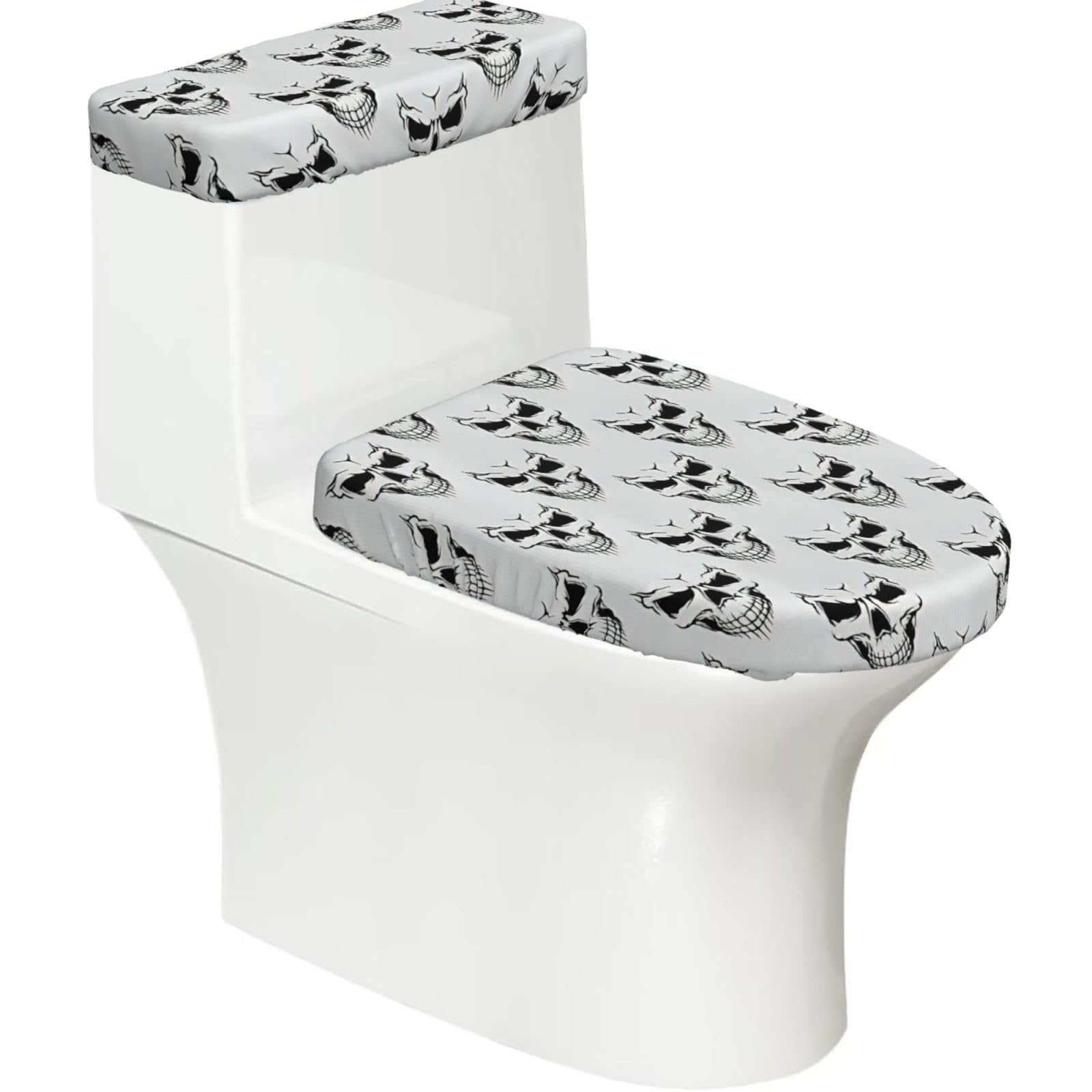 Halloween Themed Monochrome Skeleton Head Print Stretch Toilet Covers Set, Polyester Covers Replacement For Fits Most Size Lids Bathroom Decor