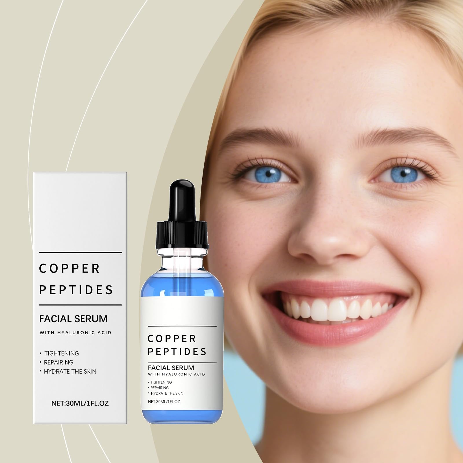 GHK-Cu serum z peptydami miedzi do twarzy, serum przeciwstarzeniowe z kwasem hialuronowym, nawilżające serum do twarzy redukujące drobne linie i zmarszczki, poprawia elastyczność skóry (1)