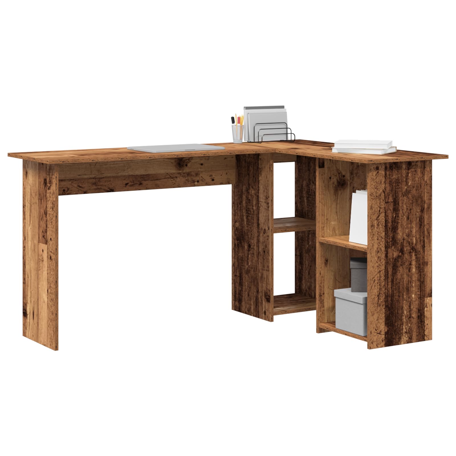 Scrivania per computer a forma di L con effetto legno antico e 3 ripiani integrati, scrivania per casa e ufficio, 120 cm x 75 cm, in robusto legno, postazione di lavoro ergonomica