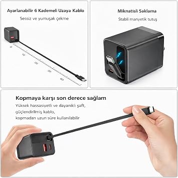 65W Süper Hızlı Şarj Adaptörü – PD 45W + QC 3.0 Çekilebilir Kablolu