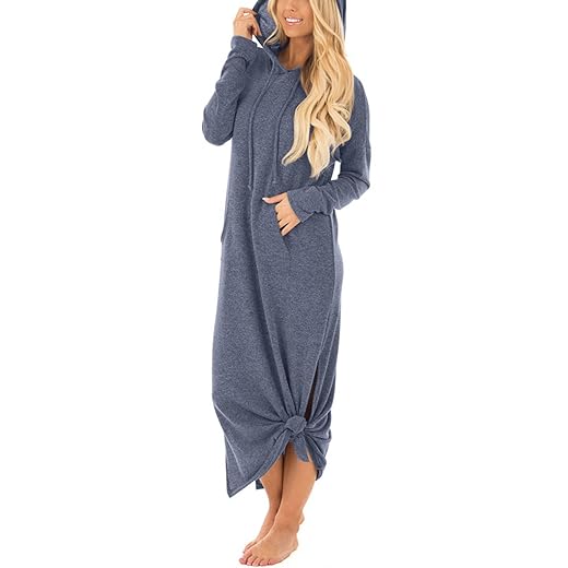 GIKING Women's Casual Hoodies Long Sleeve Split Hooded Long Maxi Sweatshirt Dress With Pockets 2023 Fall Fashion（Light blue,XL）