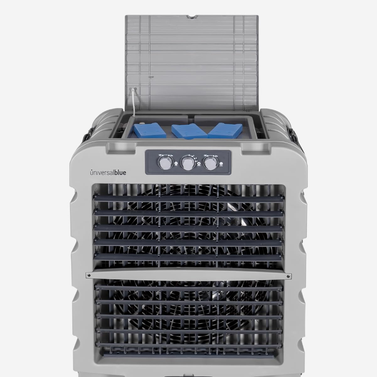 UNIVERSALBLUE Climatizador Evaporativo 120L, Caudal 10.000 m³/h, Cobertura 80 m², 350W, 3 Packs de Hielo, con Ruedas, Interiores y Exteriores, Almacenes