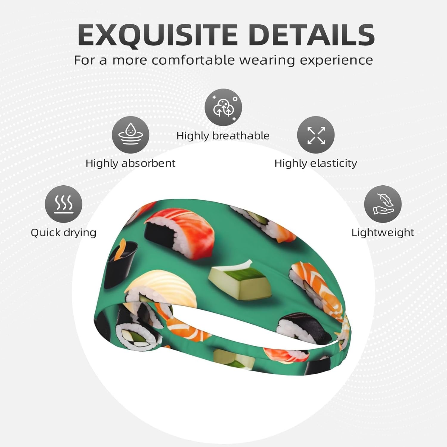 Sushi Food Print Ultra-Soft Elastic Headband Sports Running Gym Outdoor Activities Gifts Headwear