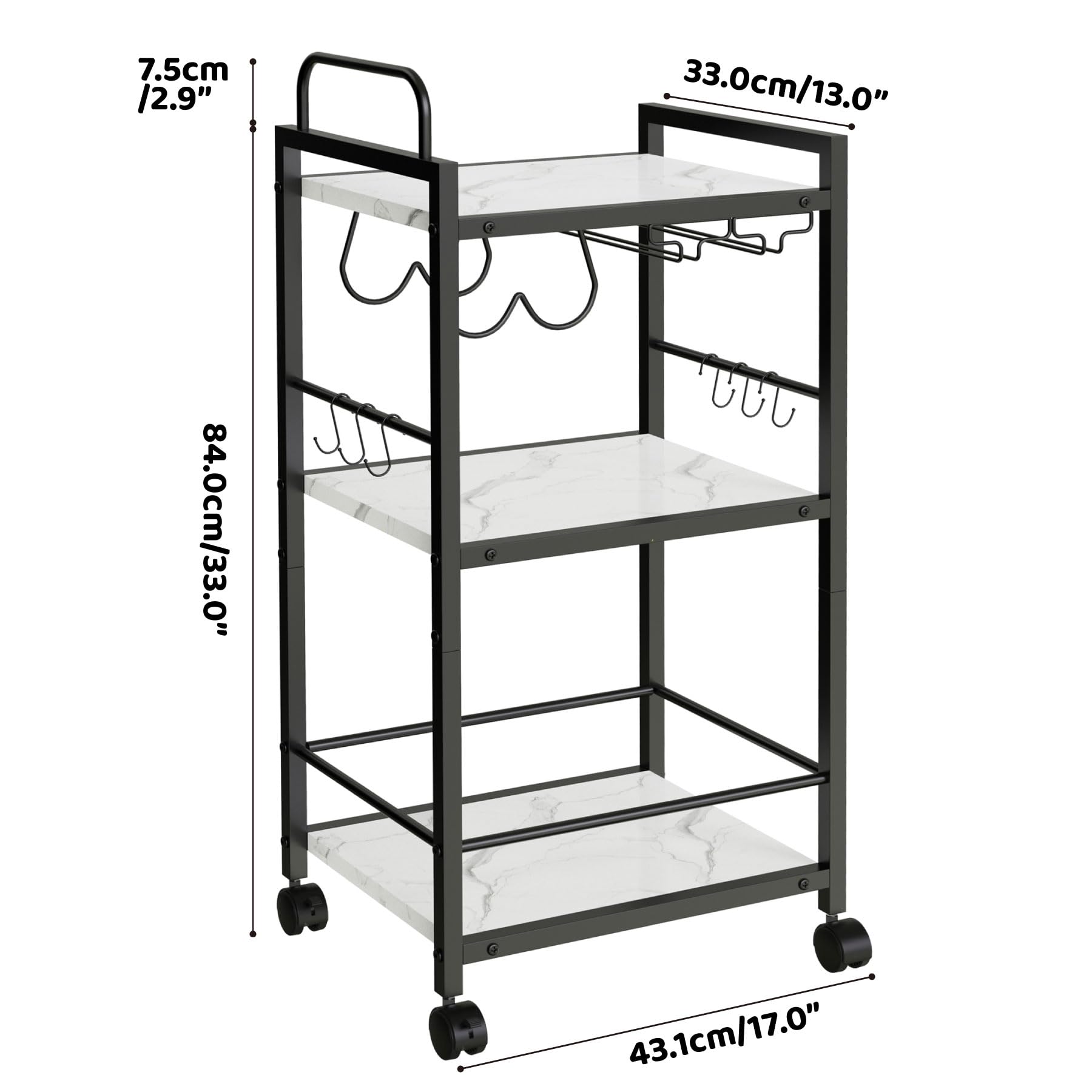 Barwagen für Zuhause, 3-stöckige Küchenwagen mit Rollen, kleiner Rollwagen mit Glashaltern, Weinregal, Mini-Barwagen für Küche, Esszimmer, Wohnzimmer, 33 x 43 x 84 cm (T x B x H), Marmorweiß