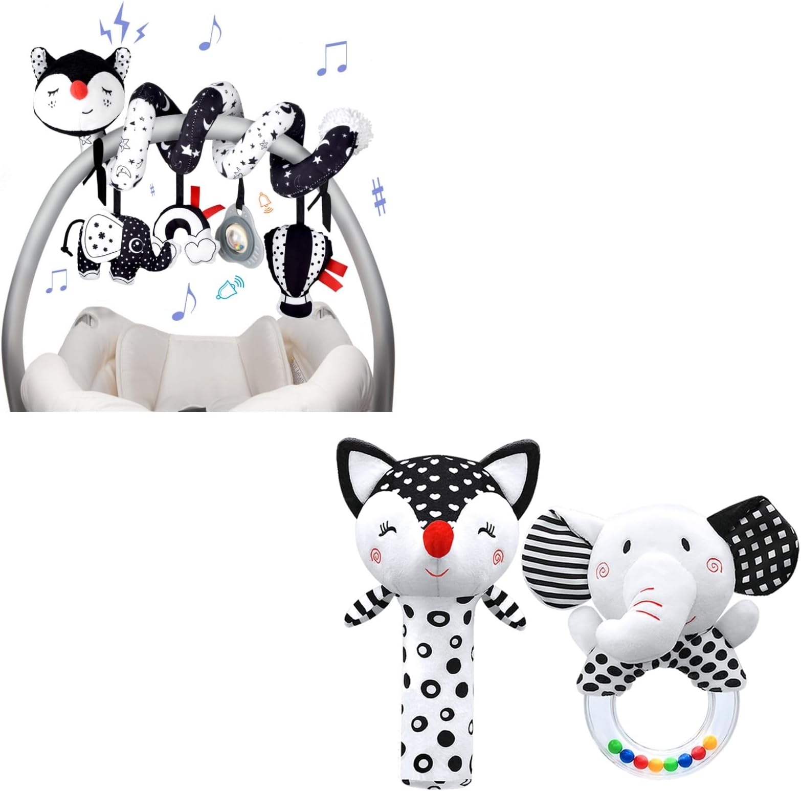 XIXILANDMusical Car Seat Toys Black and White Baby Toys 0-3 Months & Rattles for Babies 0-6 Months, Black and White High Contrast Plush Stuffed Baby Toys for 0 3 6 9 12 Months Girls Boys